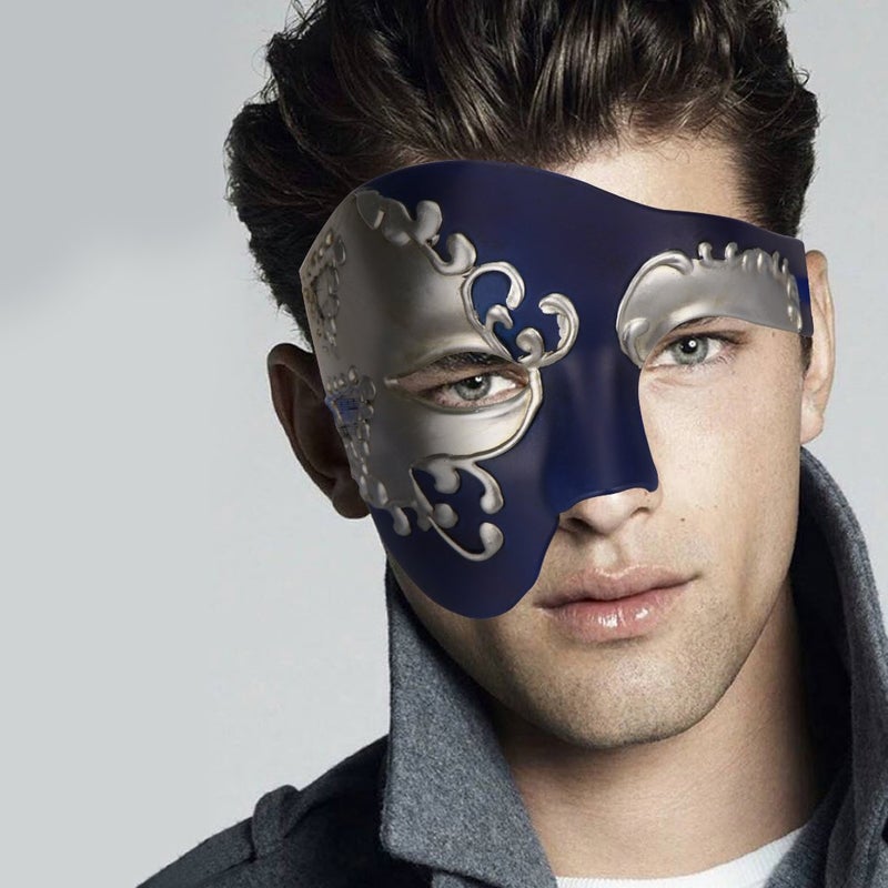Thmyo Half Face Men's Phantom Of The Opera Vintage Design Venetian Carnival Masquerade Mask (Blue & silver) - Image 5
